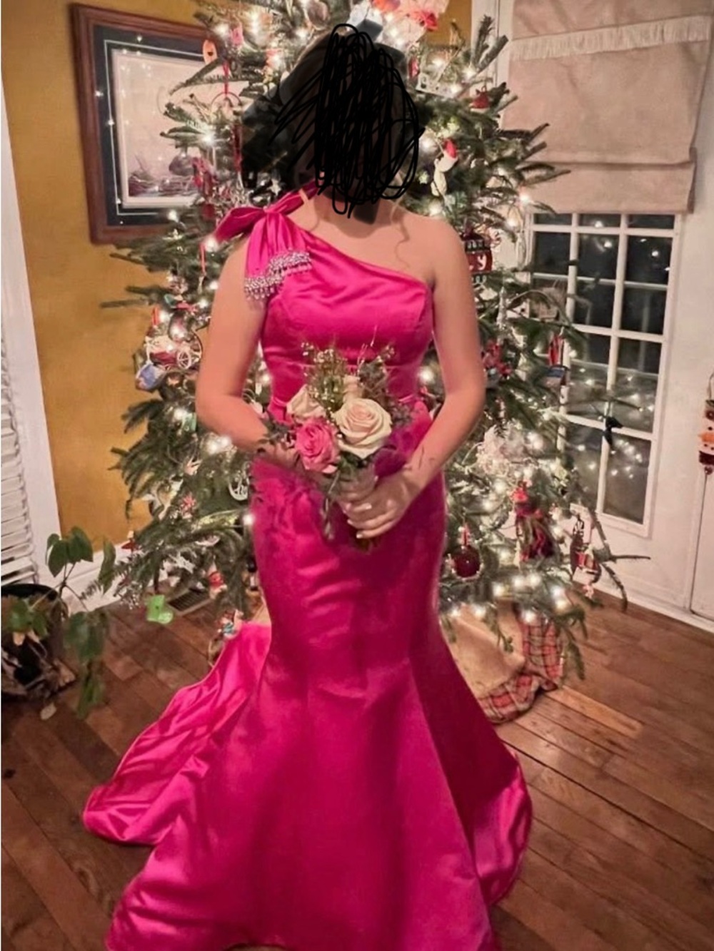Sherri Hill One-Shoulder Hot Pink Satin Mermaid Gown